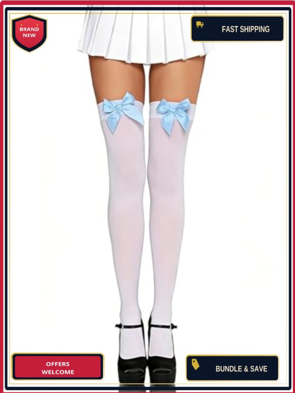 Satin Bow Accent Opaque Thigh High Stockings Long